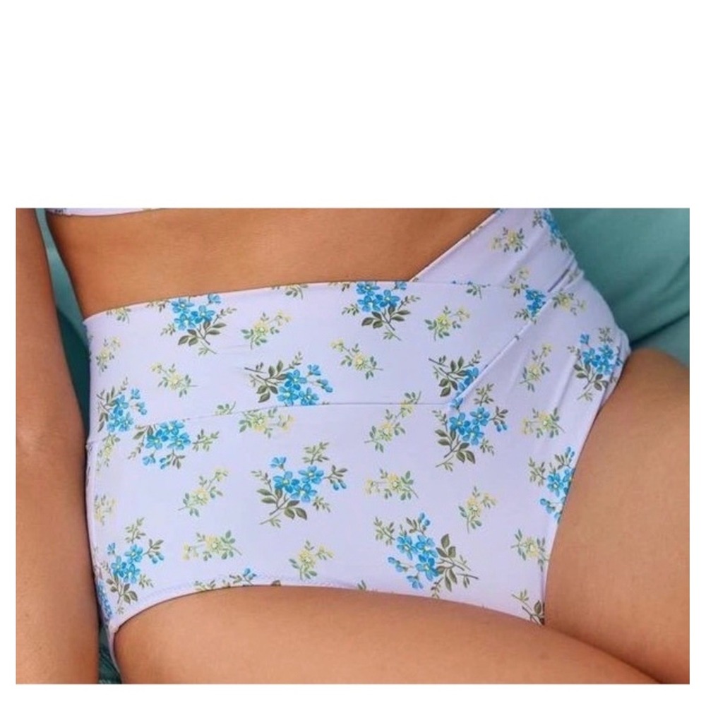 Aerie Crossover High Waisted Bikiniâ Bottom Light Blue Floral Print XL Swimwear